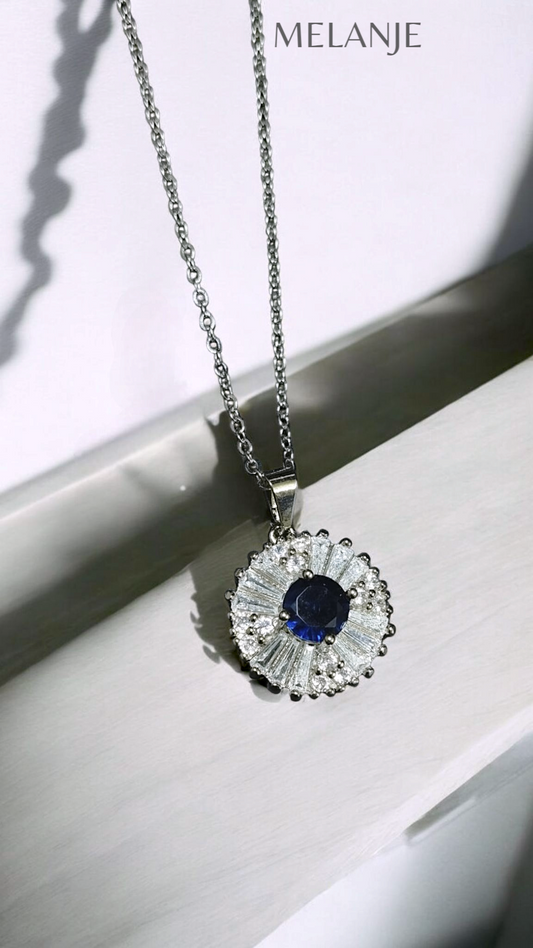 Sapphire Blue Round Solitaire Crystal Baguette & Round Cut Zirconia Pendant Necklace