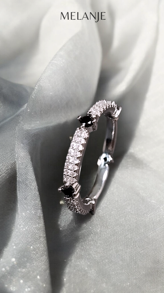 Round Black Zircons White Cubic Zirconia Double-Row Sterling Silver Princess Cut Eternity Band Ring