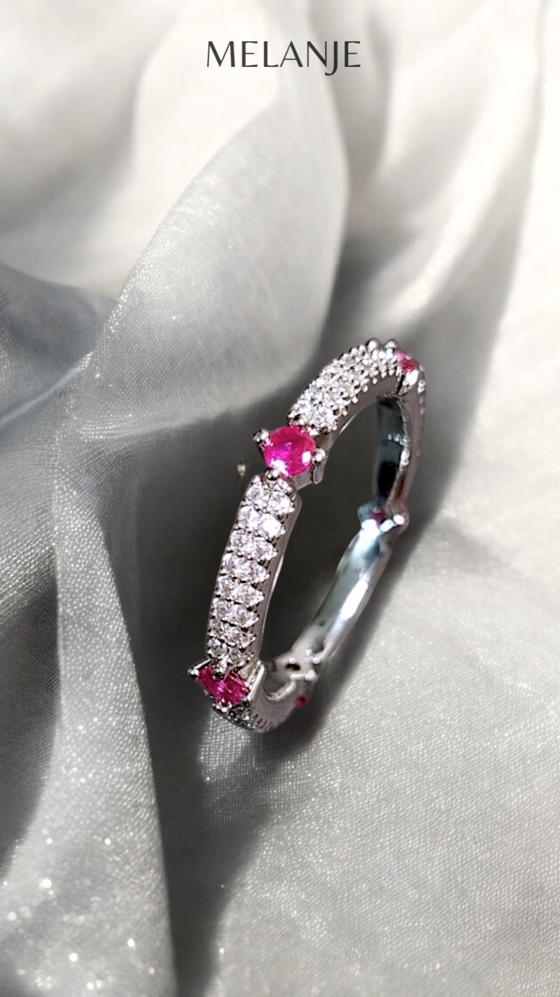 Round Ruby Zircons White Cubic Zirconia Double-Row Sterling Silver Princess Cut Eternity Band Ring