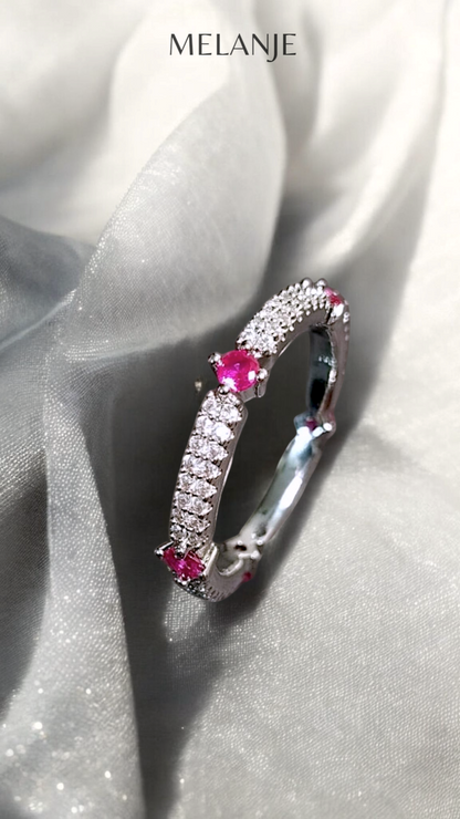 Round Ruby Zircons White Cubic Zirconia Double-Row Sterling Silver Princess Cut Eternity Band Ring