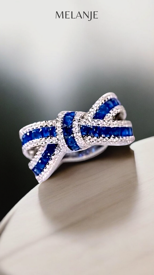Sapphire Blue & Clear Zircons Sterling Silver Luxury Knot Ring
