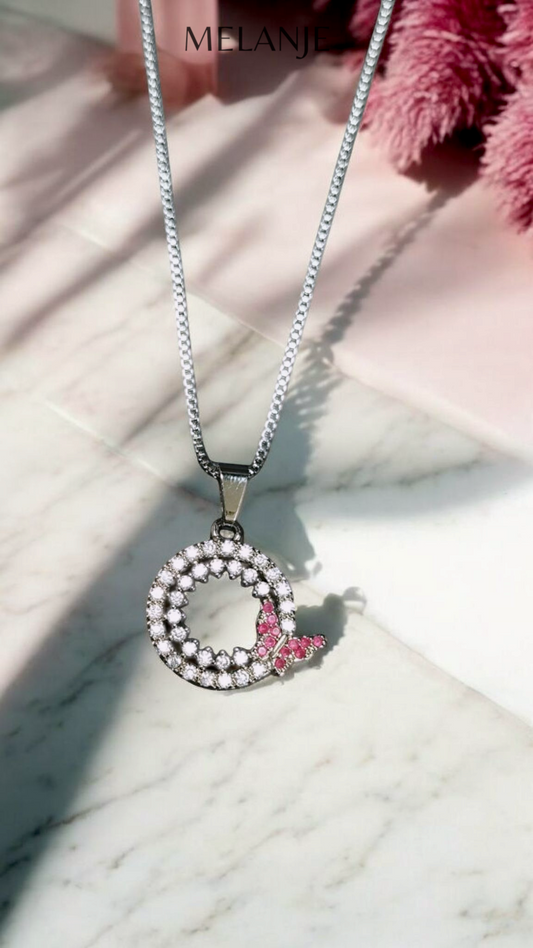 Round Cut Clear Cubic Zirconia Deep Pink Butterfly Charm Circular Pendant Necklace