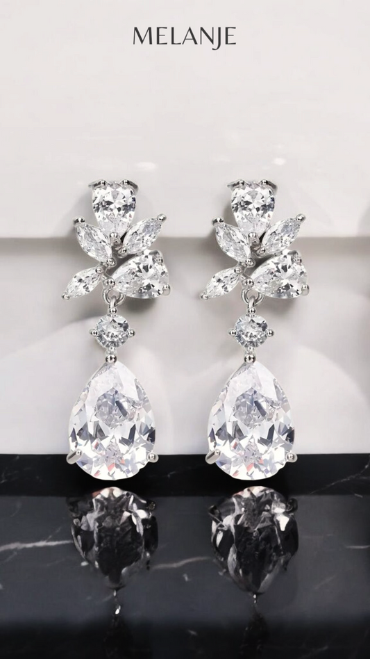 Sterling Silver Marquise Cut Zircons Dangling Water Drop Earrings