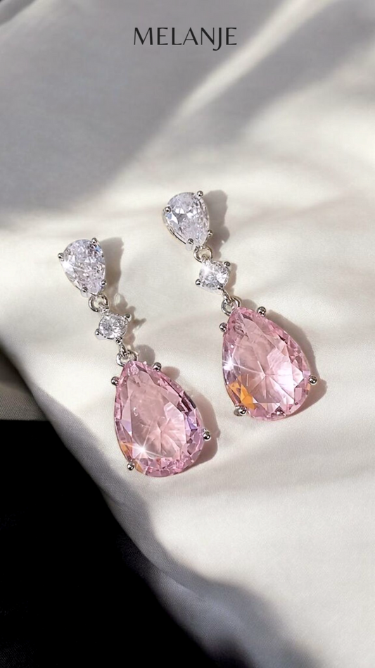 Sterling Silver Baby Pink Water Drop Dangling Crystal Luxury Earrings