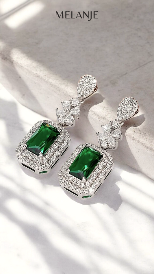 Sterling Silver Emerald Rectangular Crystal & Halo Cubic Zirconia Elegant Dangling Earrings