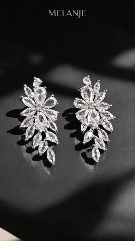 Sterling Silver Marquise & Pear Shaped Zircons Floral Earrings