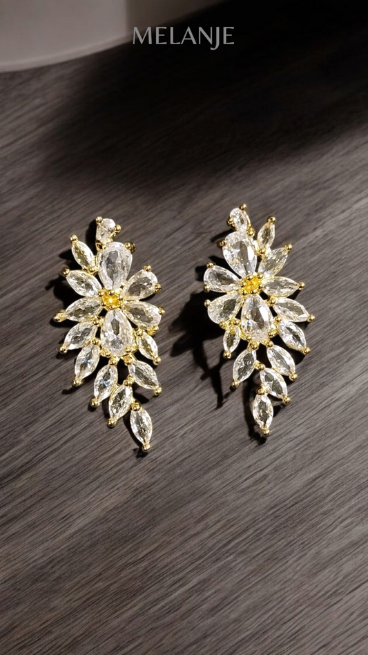 1k Gold Plated Marquise & Pear Cut Zircons Dull Gold Earrings