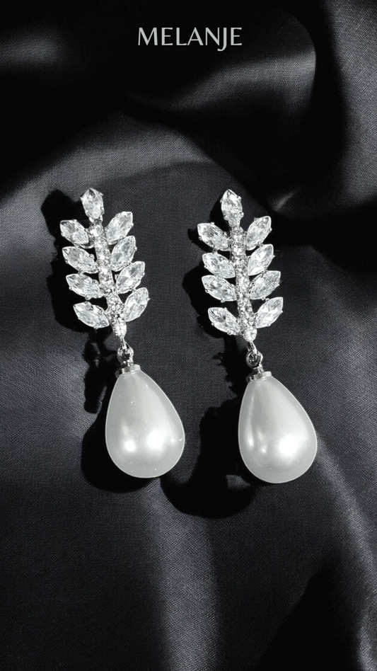 Sterling Silver & Clear Cubic Zirconia Leaf Design Dangling Pearl Earrings