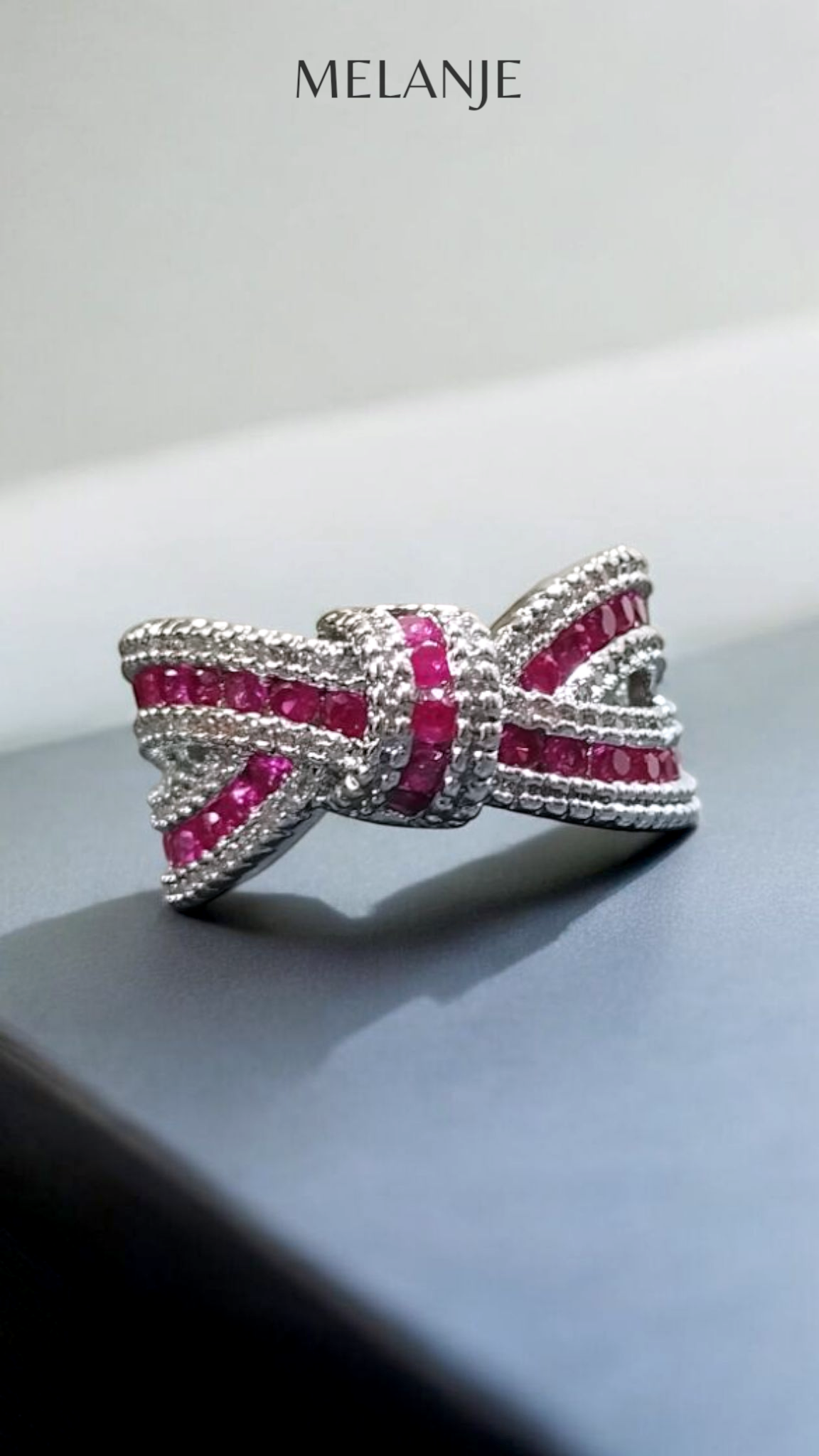 Deep Ruby & Clear Zircons Sterling Silver Luxury Knot Ring