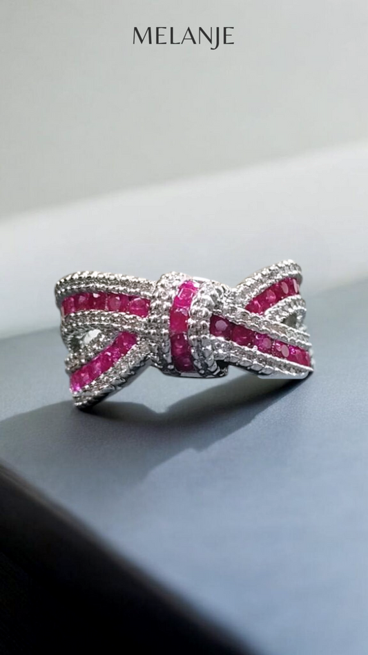 Deep Ruby & Clear Zircons Sterling Silver Luxury Knot Ring