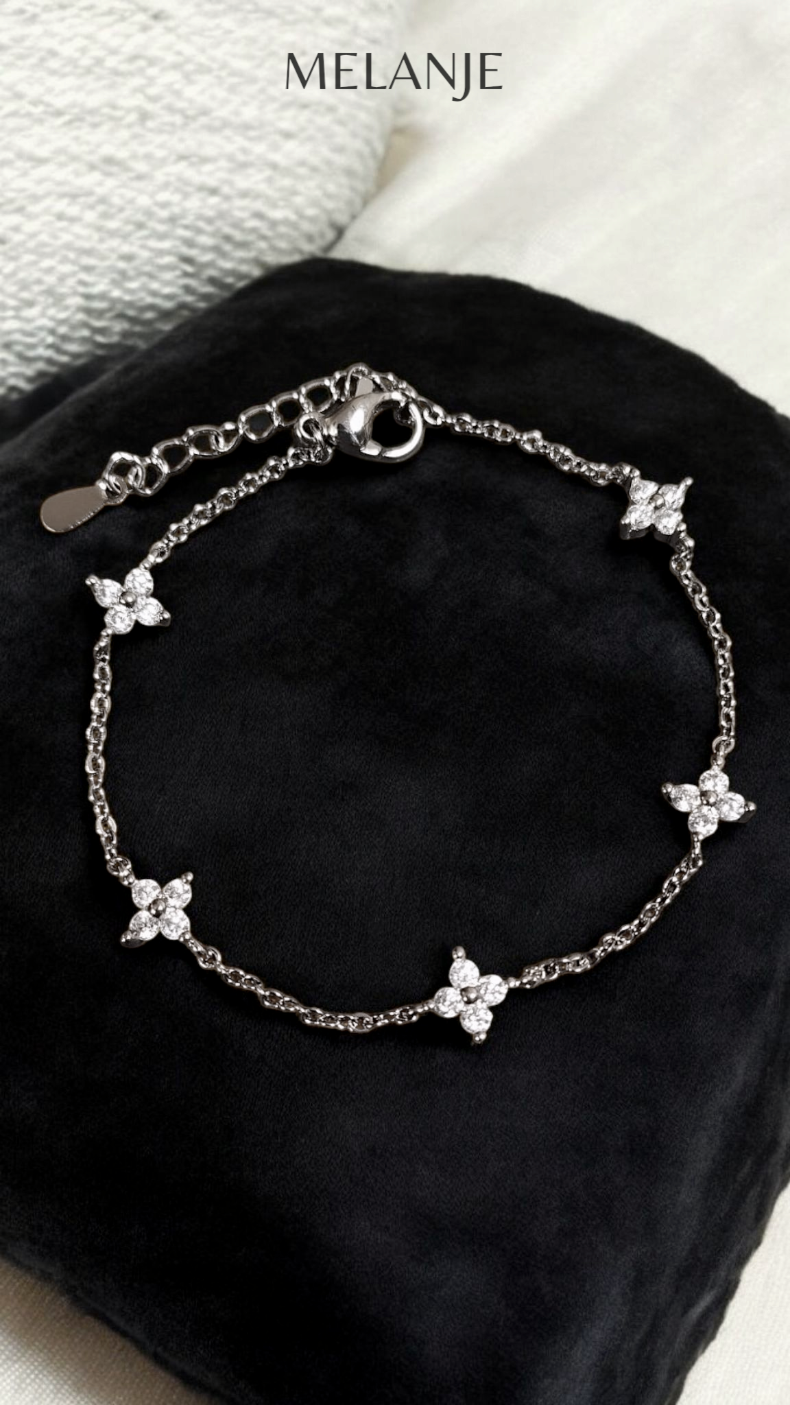Stainless Steel Four Leaf Clover Cubic Zirconia Adjustable Station Bracelet