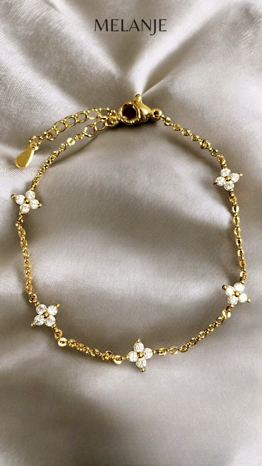 1K Gold Plated Stainless Steel Four Leaf Clover Cubic Zirconia Adjustable Station Bracelet