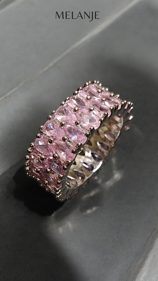 Baby Pink Pear Shaped Inlaid Zircons Double Row Wedding Band Ring