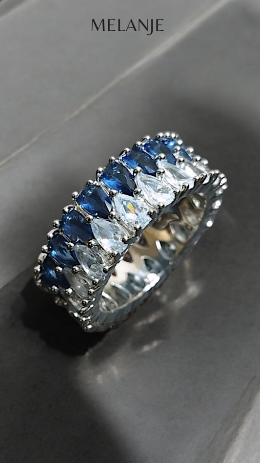 Deep Blue Pear Shaped Inlaid Zircons Double Row Wedding Band Ring