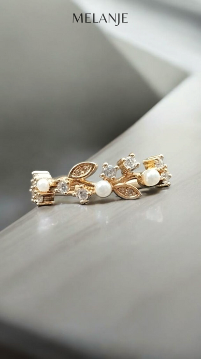 Gold Plated Round Cut Clear Cubic Zirconia Pearl Leaf Ring
