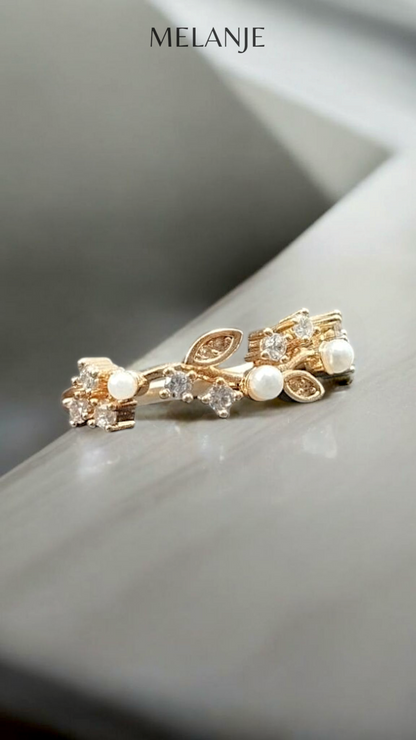 Gold Plated Round Cut Clear Cubic Zirconia Pearl Leaf Ring