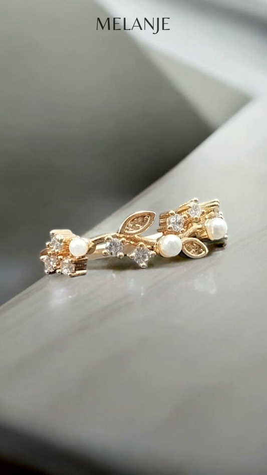 Gold Plated Round Cut Clear Cubic Zirconia Pearl Leaf Ring
