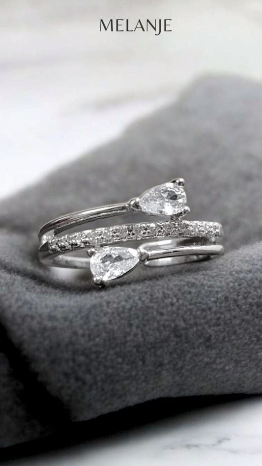 Sterling Silver Triple-Row Design Pear Shaped Bypass Cubic Zirconia Adjustable Ring