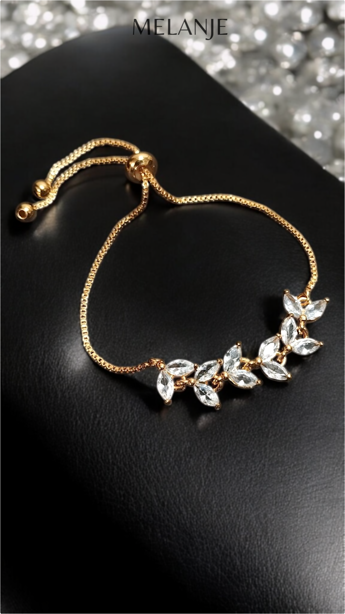 Marquise Cut Cubic Zirconia Adjustable Gold Leaf Bracelet