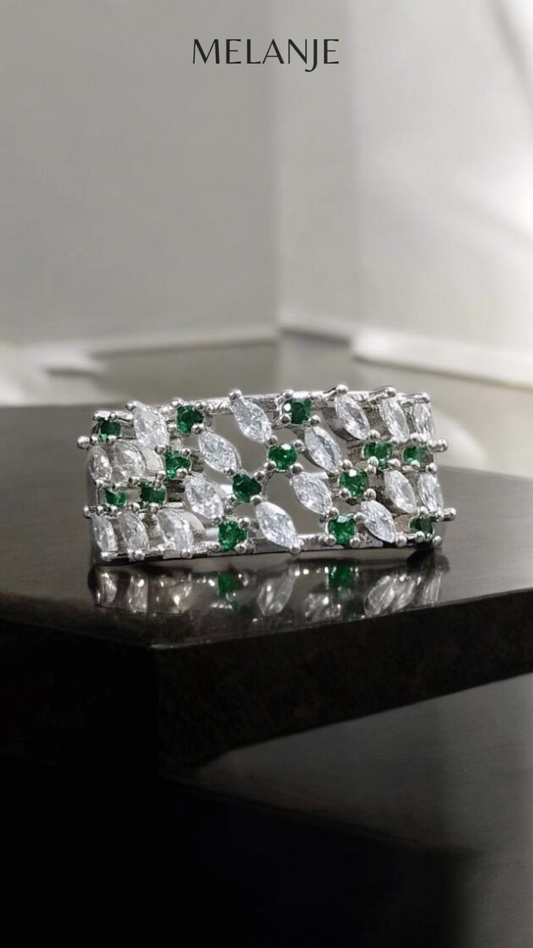 Emerald Round Cut & Clear Marquise Cut Cubic Zirconia Adjustable Inlaid Cluster Band Ring