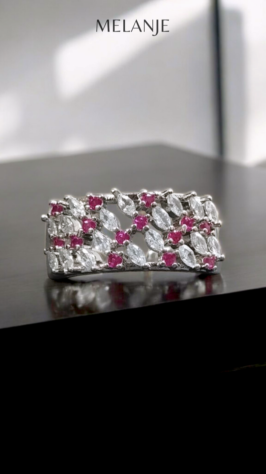 Deep Pink Round Cut & Clear Marquise Cut Cubic Zirconia Adjustable Inlaid Cluster Band Ring