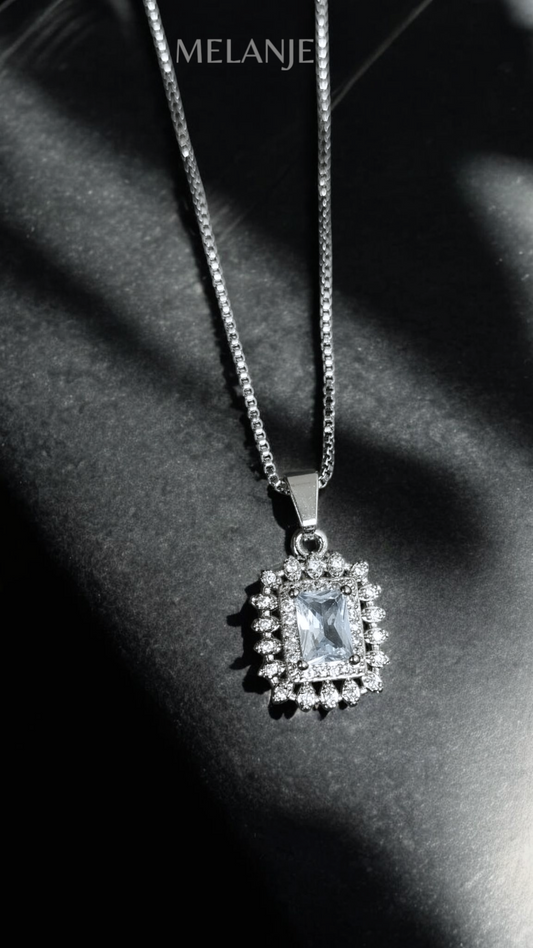 Clear Rectangular Crystal White Cubic Zirconia Sterling Silver Halo Pendant Necklace