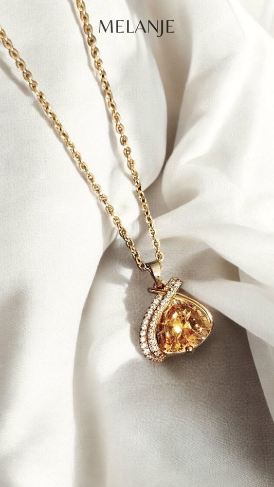 Dull Champagne Crystal White Cubic Zirconia Stainless Steel Pendant Necklace