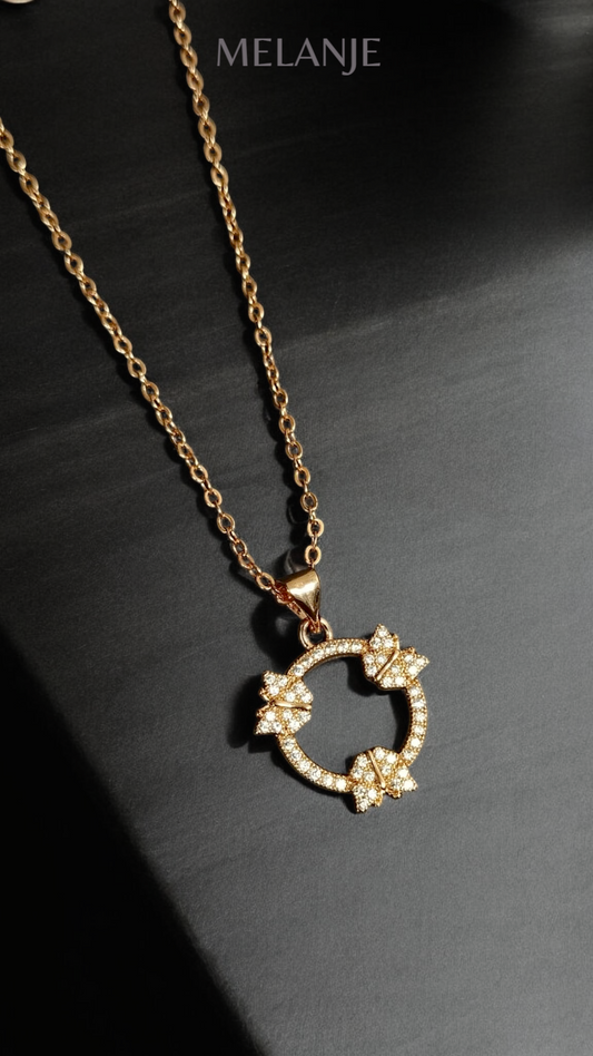 Stainless Steel Three Butterfly Cubic Zirconia Circle Pendant Necklace