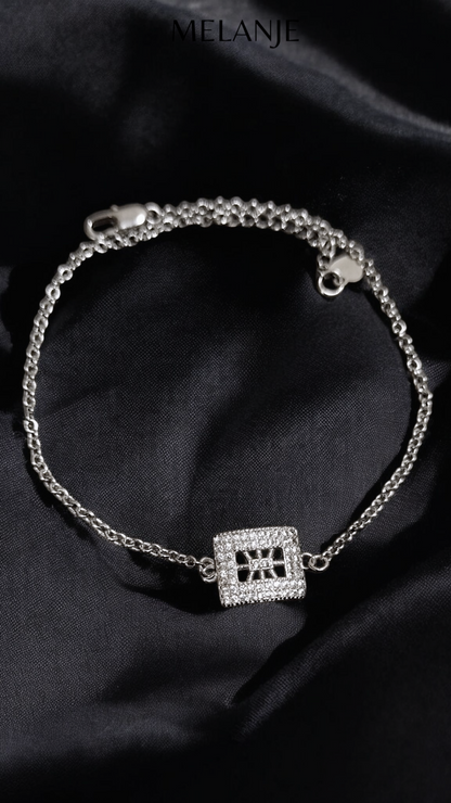 Sterling Silver Rectangular Design Cubic Zirconia Stainless Steel Adjustable Dainty Bracelet