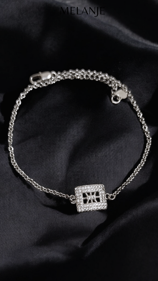 Sterling Silver Rectangular Design Cubic Zirconia Stainless Steel Adjustable Dainty Bracelet