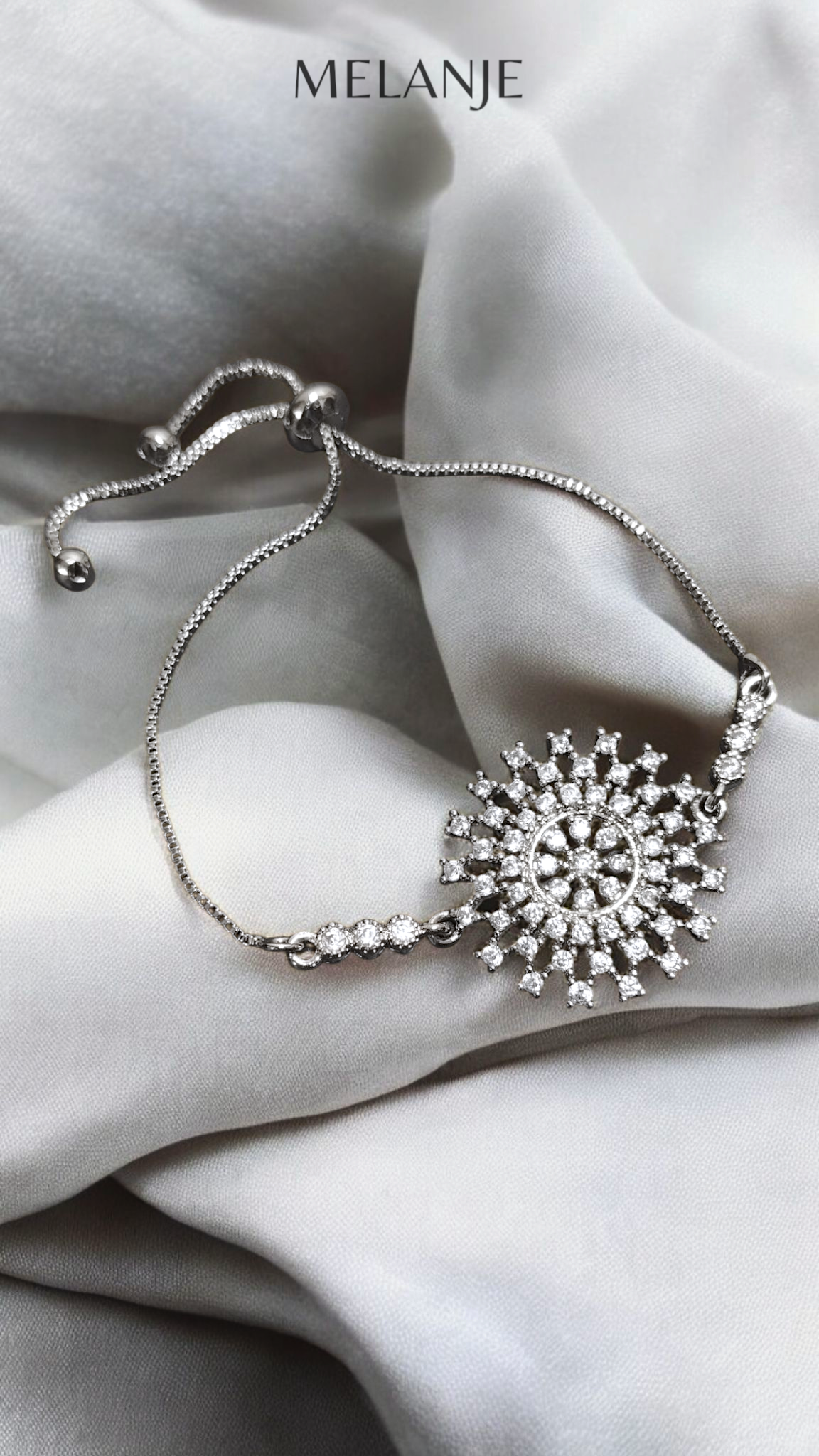 Sterling Silver Clear Round Cubic Zirconia Stainless Steel Adjustable Flower Bracelet