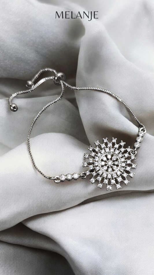 Sterling Silver Clear Round Cubic Zirconia Stainless Steel Adjustable Flower Bracelet