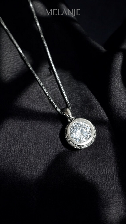 Sterling silver Clear Cubic Zirconia Round Halo Luxury Pendant Necklace