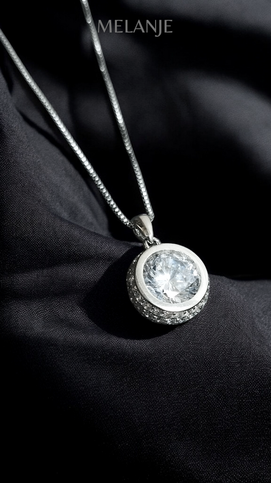 Sterling silver Clear Cubic Zirconia Round Halo Luxury Pendant Necklace