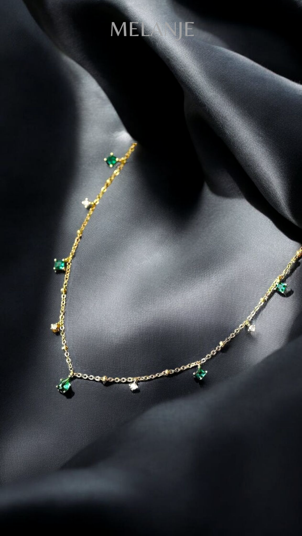 Stainless Steel Emerald & Clear Cubic Zirconia Gold Plated Station Necklace