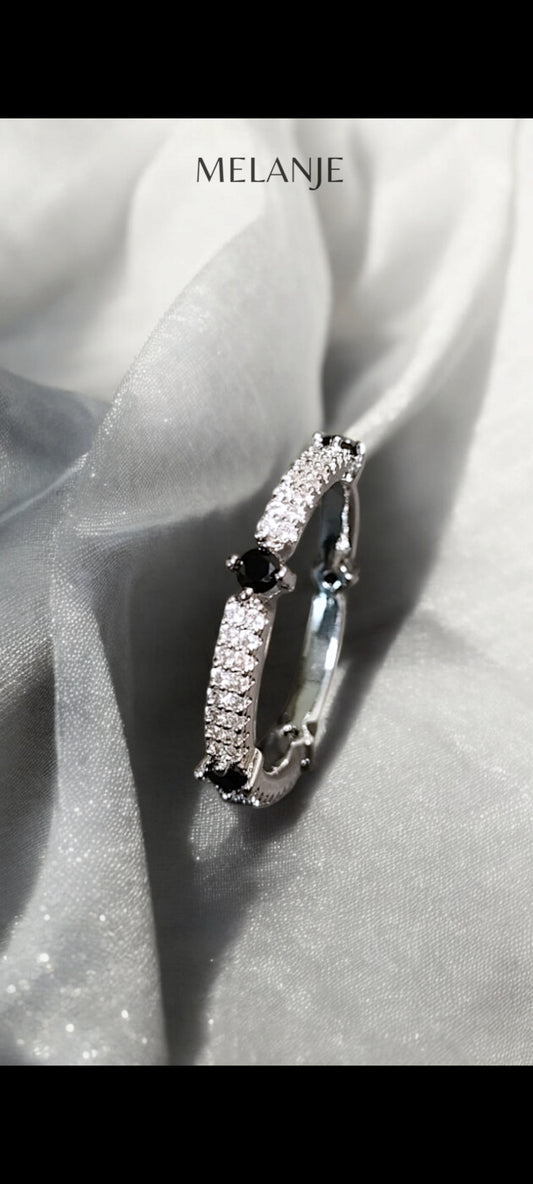 Round Black Zircons White Cubic Zirconia Double-Row Sterling Silver Princess Cut Eternity Band Ring