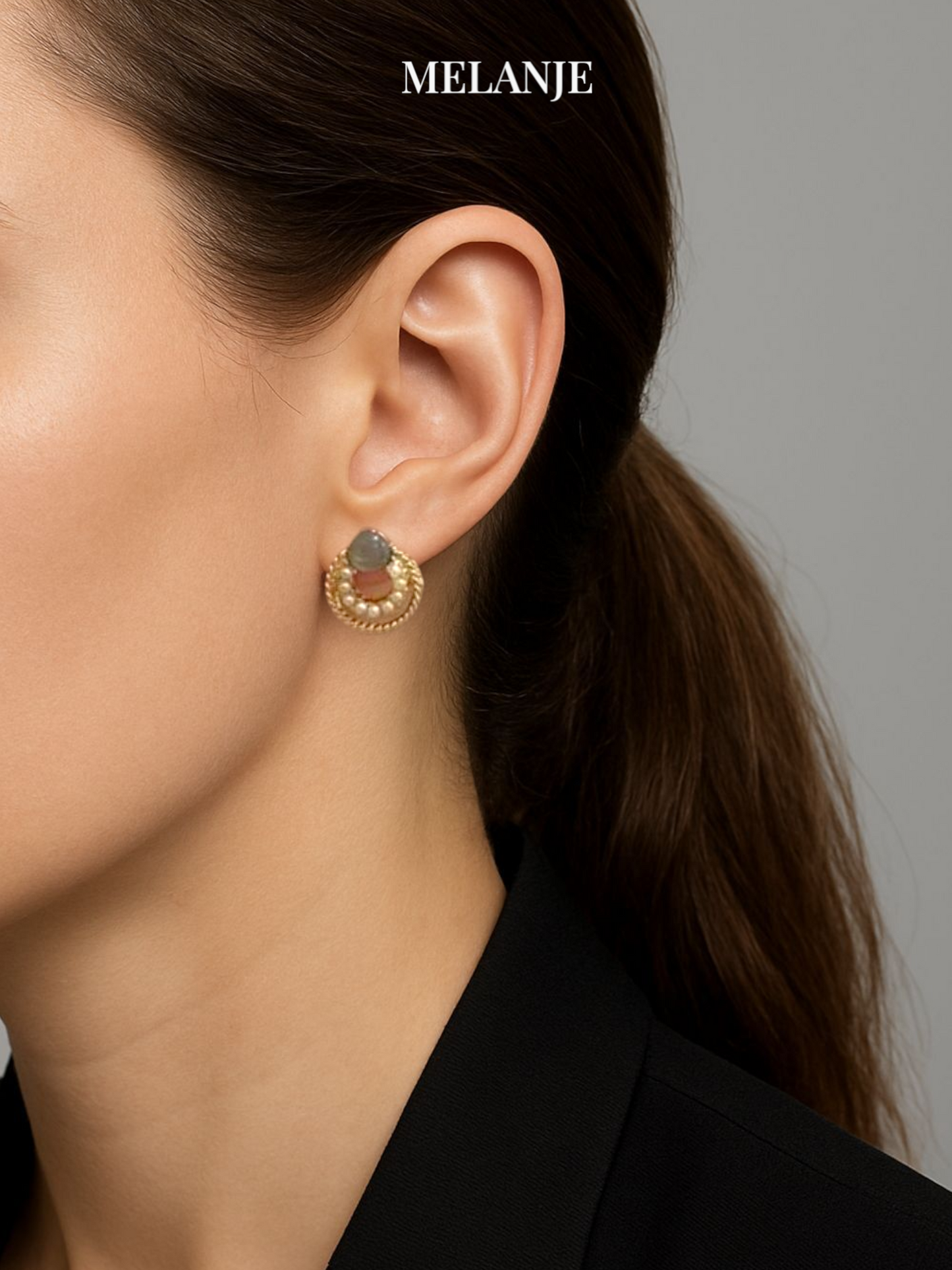 Minimalist Grey Stone Pearl Stud Earrings